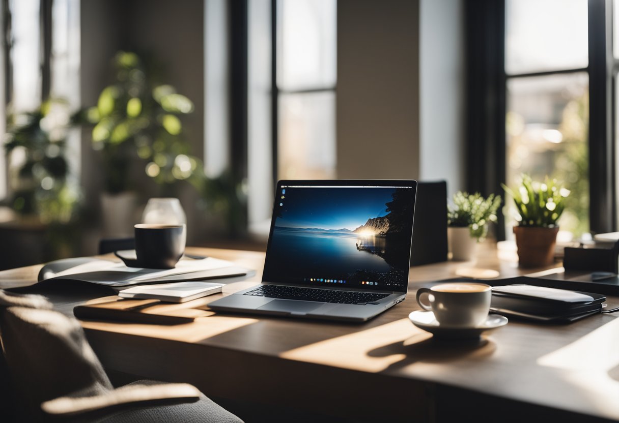 A cozy home office with a laptop, desk, and chair. A cup of coffee sits nearby as sunlight streams through a window onto the workspace