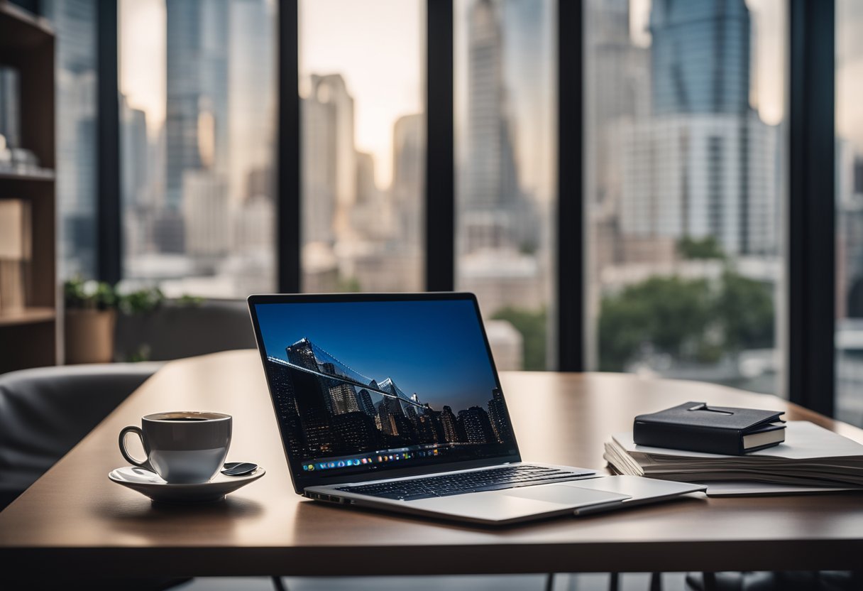 A laptop on a desk with a cup of coffee, surrounded by books and papers, with a window showing a cityscape in the background