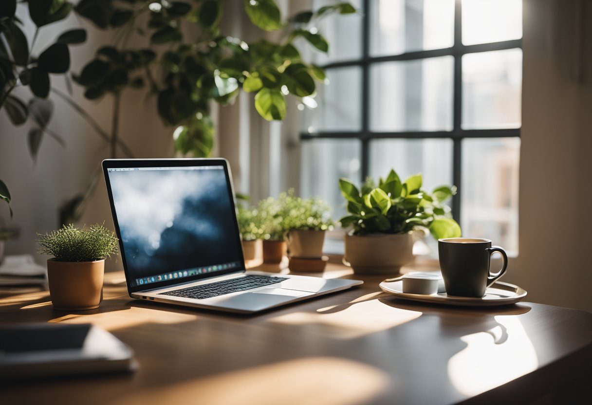 A cozy home office with a laptop, coffee mug, and plants. Sunlight streams in through a window, creating a warm and inviting atmosphere